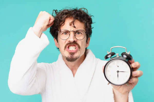 Young Crazy Man Alarm Clock — Stock Photo, Image