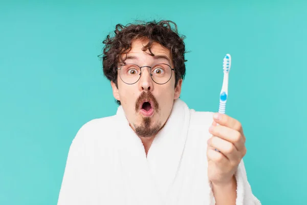 Young Crazy Man Teethbrush — Stock Photo, Image