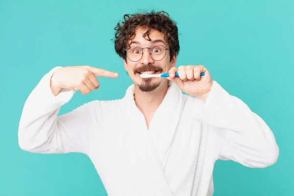 Young Crazy Man Teethbrush — Stock Photo, Image