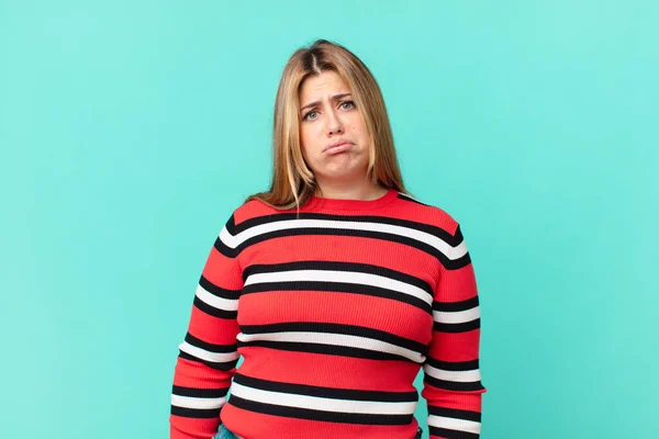 Curvy Pretty Blonde Woman Feeling Sad Whiney Unhappy Look Crying — Stock Photo, Image