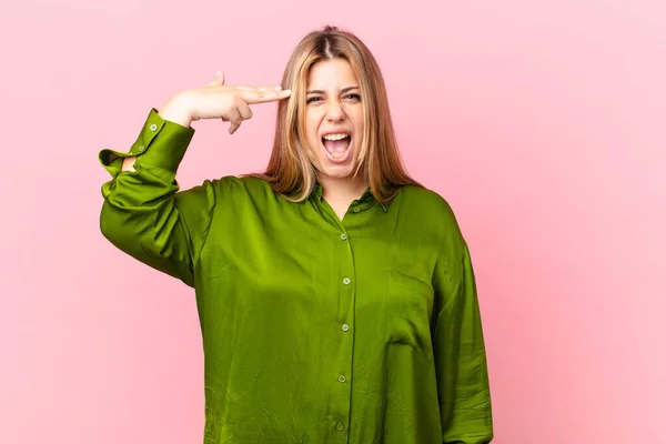 Curvy Pretty Blonde Woman Looking Unhappy Stressed Suicide Gesture Making — Stock Photo, Image