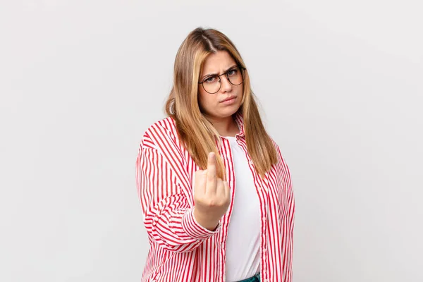 Curvy Pretty Blonde Woman Feeling Angry Annoyed Rebellious Aggressive — Stock Photo, Image