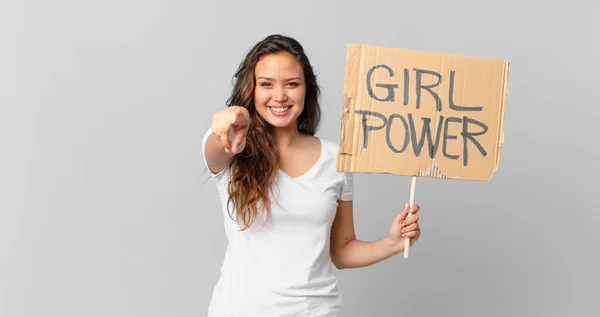 Young Pretty Woman Pointing Camera Choosing You Holding Girl Power — Stock Photo, Image