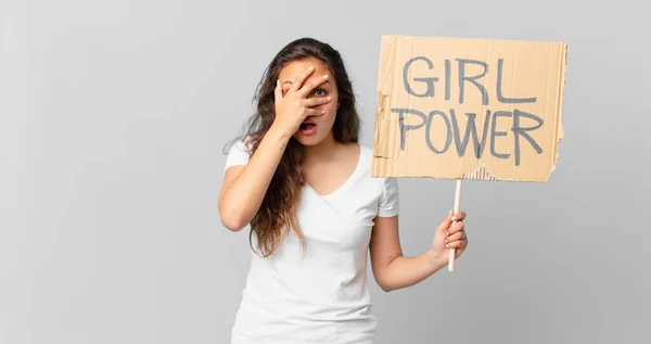 Young Pretty Woman Looking Shocked Scared Terrified Covering Face Hand — Stock Photo, Image