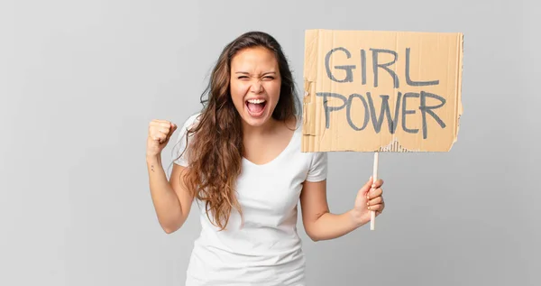 Young Pretty Woman Shouting Aggressively Angry Expression Holding Girl Power — Stock Photo, Image