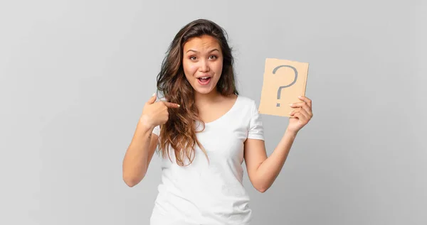 Young Pretty Woman Feeling Happy Pointing Self Excited Holding Question — Stock Photo, Image