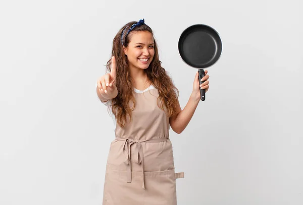 Young Pretty Woman Smiling Proudly Confidently Making Number One Chef — Stock Photo, Image