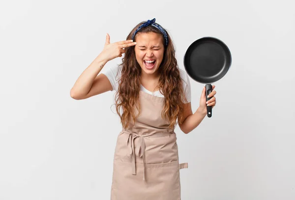 Joven Bonita Mujer Buscando Infeliz Estresado Gesto Suicida Haciendo Pistola — Foto de Stock