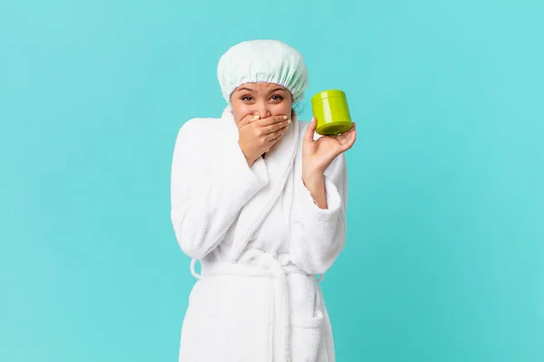 Young Pretty Woman Wearing Bathrobe Holding Clean Product Bottle — Stock Photo, Image