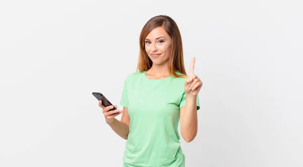 Pretty Woman Smiling Proudly Confidently Making Number One Using Smartphone — Stock Photo, Image