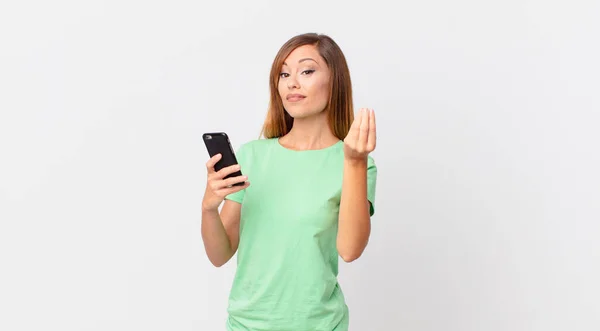 Pretty Woman Making Capice Money Gesture Telling You Pay Using — Stock Photo, Image