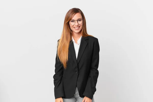 Pretty Woman Looking Happy Pleasantly Surprised Business Concept — Stock Photo, Image