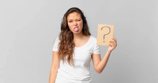 Young Pretty Woman Feeling Disgusted Irritated Tongue Out Holding Question — Stock Photo, Image