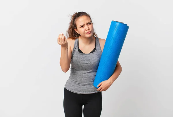 Jonge Mooie Vrouw Maken Capice Geld Gebaar Vertellen Betalen Het — Stockfoto