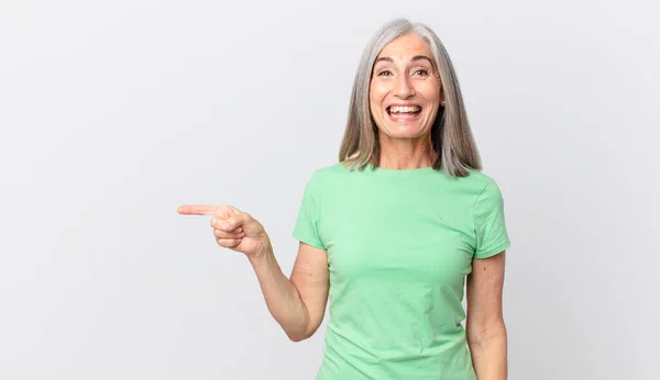 Middle Age White Hair Woman Looking Happy Pleasantly Surprised Pointing — Stock Photo, Image