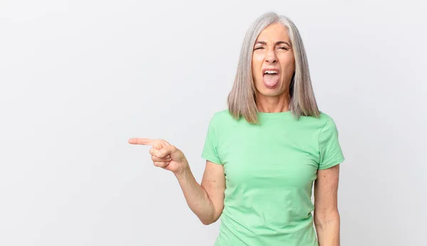 Middle Age White Hair Woman Feeling Disgusted Irritated Tongue Out — Stock Photo, Image
