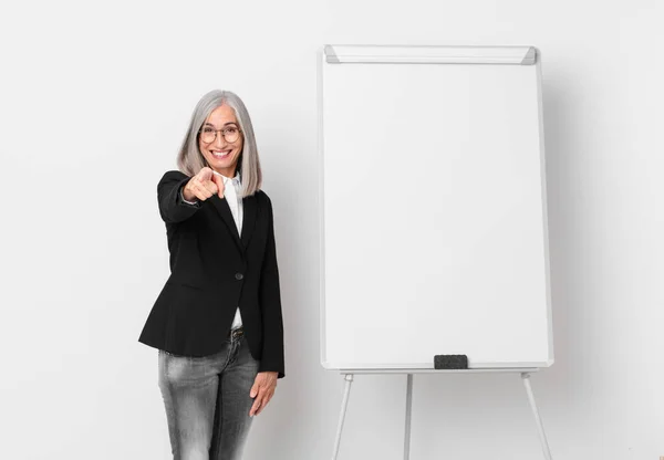 Middle Age White Hair Woman Pointing Camera Choosing You Board — Stock Photo, Image