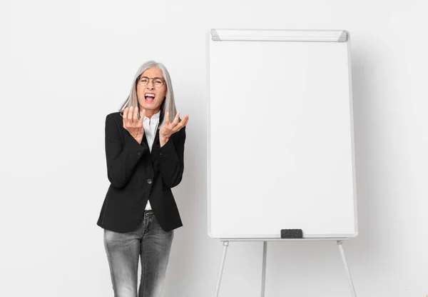 Middle Age White Hair Woman Looking Desperate Frustrated Stressed Board — Stock Photo, Image