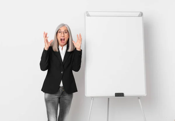 Middle Age White Hair Woman Screaming Hands Air Board Copy — Stock Photo, Image