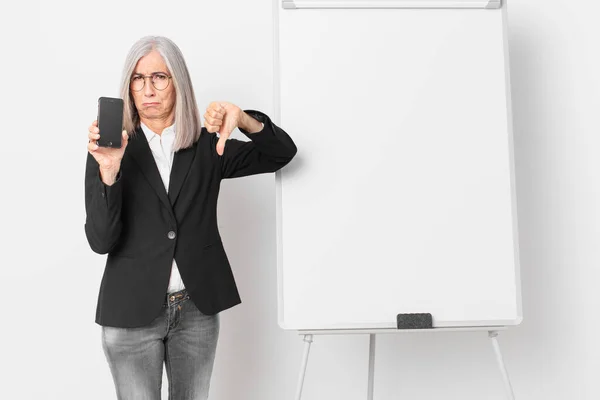 Middle Age White Hair Businesswoman Empty Board Copy Space — Stock Photo, Image