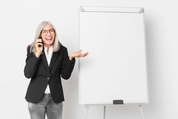 Middle Age White Hair Businesswoman Empty Board Copy Space — Stock Photo, Image