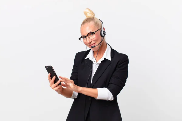 Pretty Adult Woman Headset Working — Stock Photo, Image