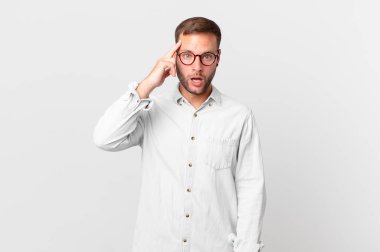 handsome blonde man looking surprised, realizing a new thought, idea or concept