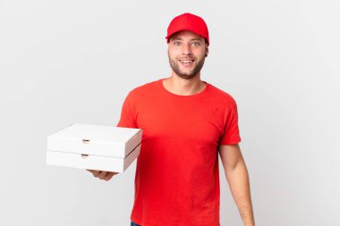 pizza deliver man looking happy and pleasantly surprised