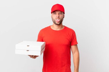 pizza deliver man feeling disgusted and irritated and tongue out