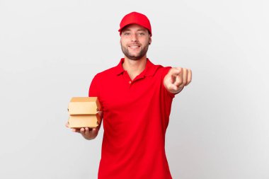 burger deliver man pointing at camera choosing you