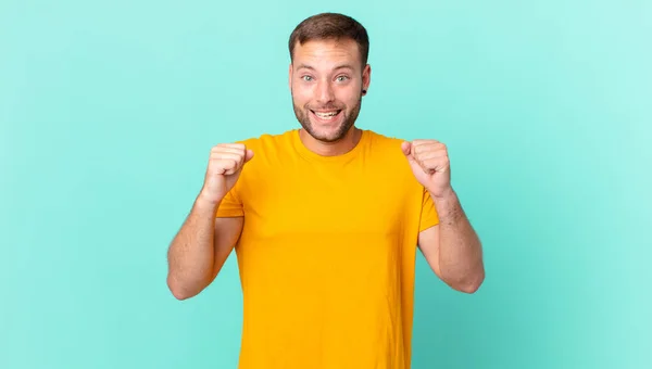 Handsome Blonde Man Feeling Shocked Laughing Celebrating Success — Stok fotoğraf