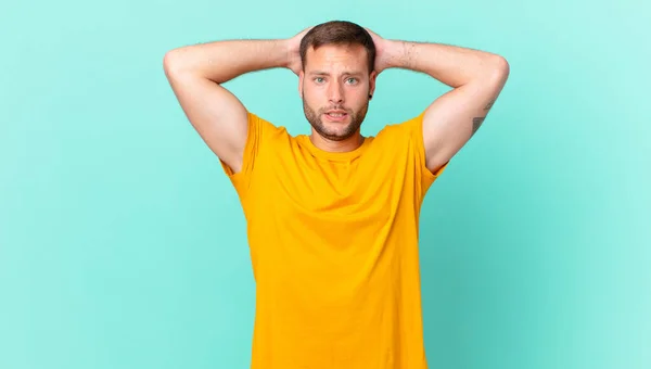 Handsome Blonde Man Feeling Stressed Anxious Scared Hands Head — Stock fotografie