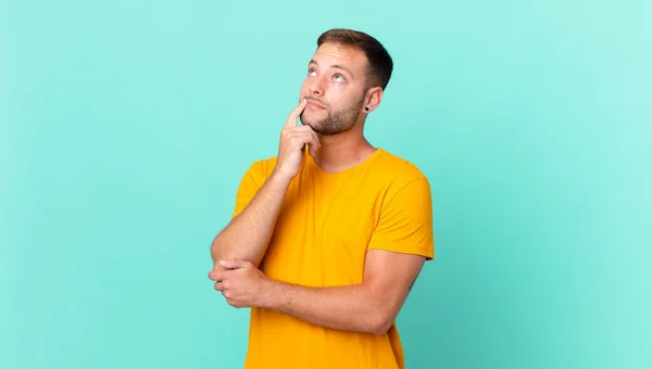 Handsome Blonde Man Smiling Happily Daydreaming Doubting — Stockfoto