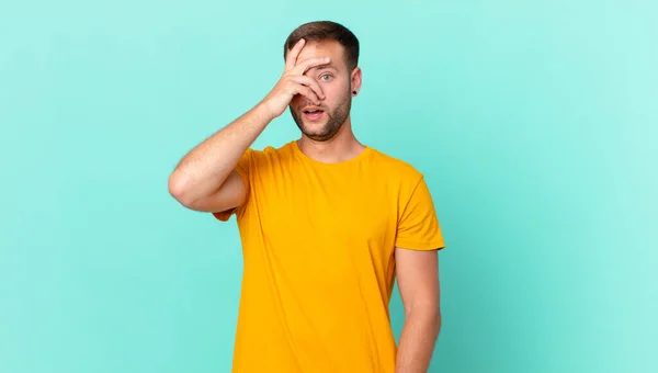 Handsome Blonde Man Looking Shocked Scared Terrified Covering Face Hand — 图库照片