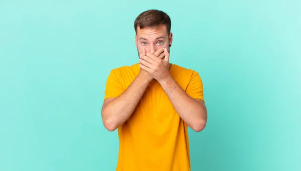 Handsome Blonde Man Covering Mouth Hands Shocked — Photo