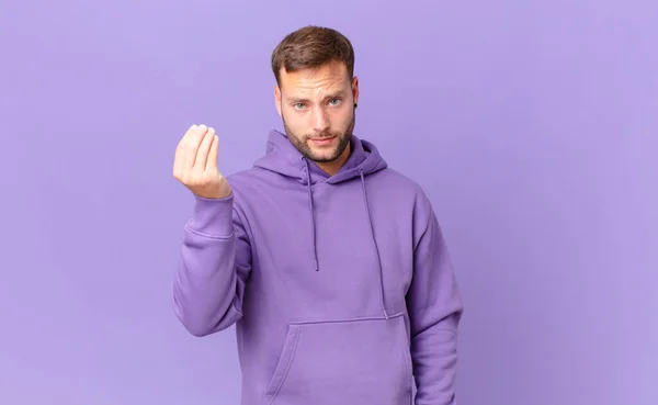 Handsome Blonde Man Making Capice Money Gesture Telling You Pay — ストック写真