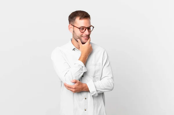 Handsome Blonde Man Smiling Happy Confident Expression Hand Chin — Stok fotoğraf