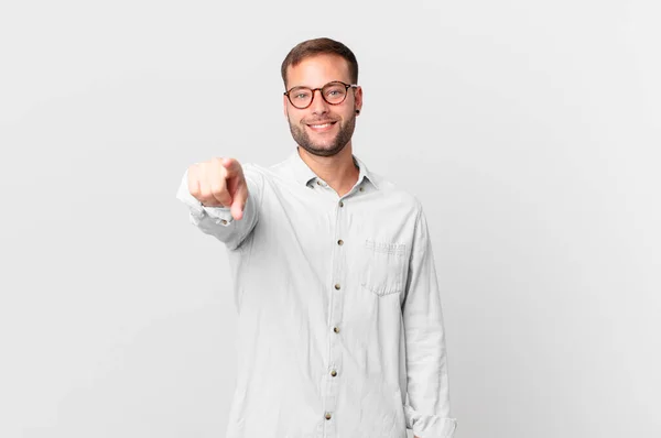 Handsome Blonde Man Pointing Camera Choosing You — Foto Stock