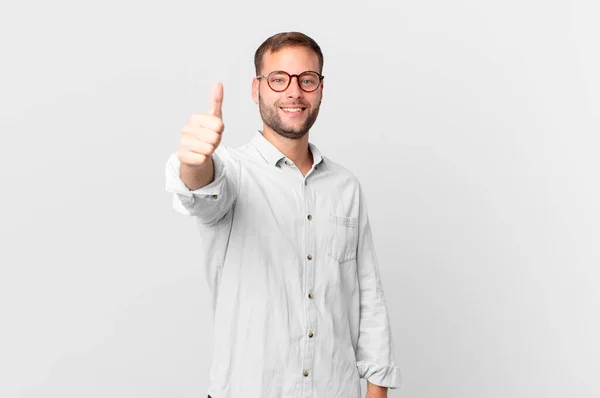 Handsome Blonde Man Feeling Proud Smiling Positively Thumbs — Stok fotoğraf