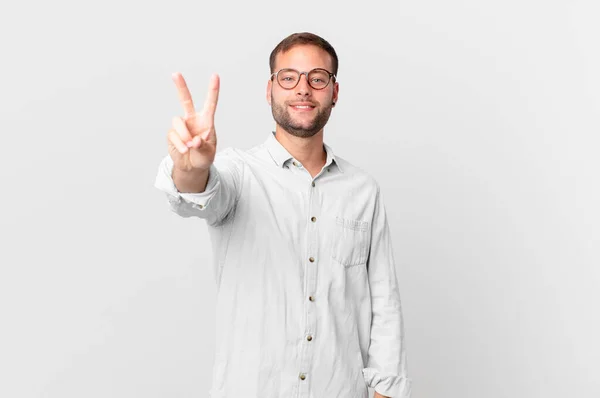 Handsome Blonde Man Smiling Looking Happy Gesturing Victory Peace — Stockfoto