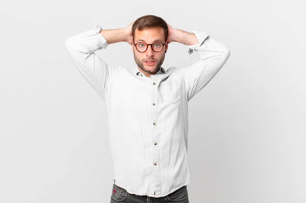 Handsome Blonde Man Feeling Stressed Anxious Scared Hands Head — Fotografia de Stock