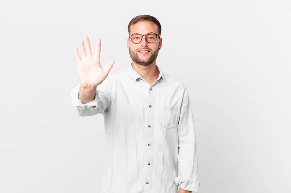 Handsome Blonde Man Smiling Looking Friendly Showing Number Five — Foto Stock
