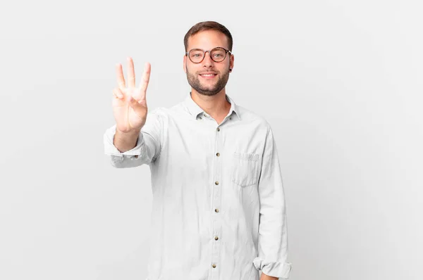 Handsome Blonde Man Smiling Looking Friendly Showing Number Three — Foto Stock