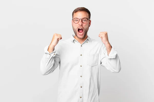 Handsome Blonde Man Shouting Aggressively Angry Expression — Stok fotoğraf