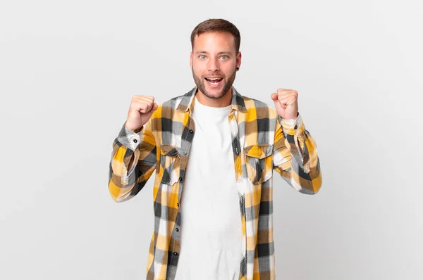 Handsome Blonde Man Feeling Shocked Laughing Celebrating Success —  Fotos de Stock