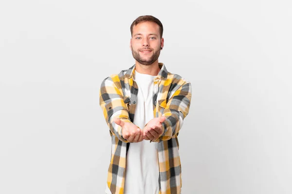 Handsome Blonde Man Smiling Happily Friendly Offering Showing Concept —  Fotos de Stock