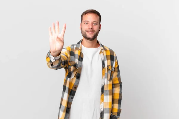 Handsome Blonde Man Smiling Looking Friendly Showing Number Four —  Fotos de Stock