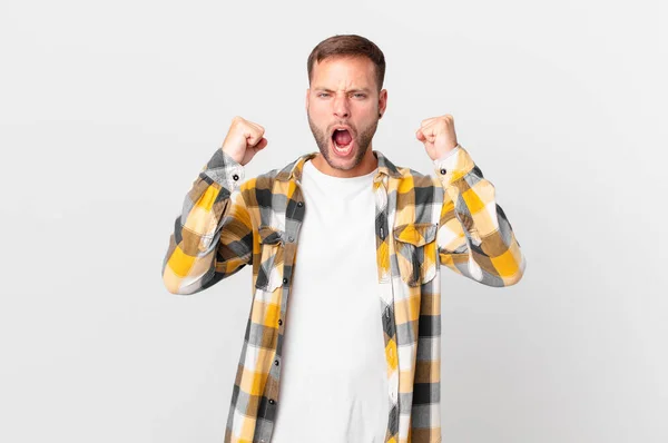 Handsome Blonde Man Shouting Aggressively Angry Expression — Stockfoto