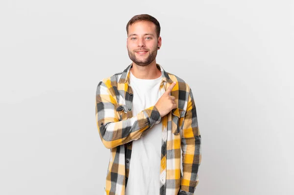 Handsome Blonde Man Smiling Cheerfully Feeling Happy Pointing Side — Foto de Stock