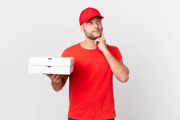 Pizza Deliver Man Smiling Happily Daydreaming Doubting — Stok fotoğraf